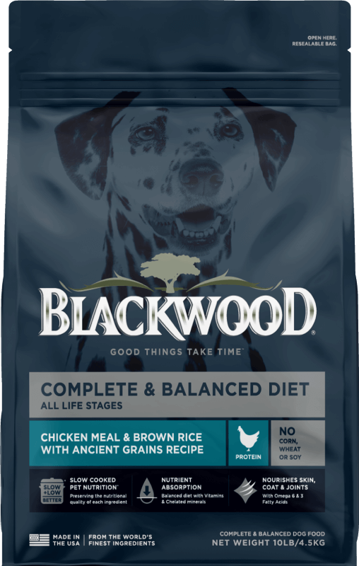 Blue Blackwood dog food bag with light green label stating it is a Chicken & Brown Rice Meal.