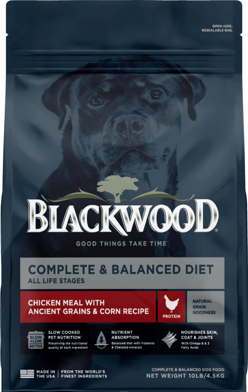 Blue Blackwood dog food bag with red label stating it is a Chicken with Grains Meal.