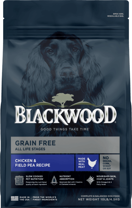 Blue Blackwood dog food bag with purple label stating it is a Chicken & Pea Meal.