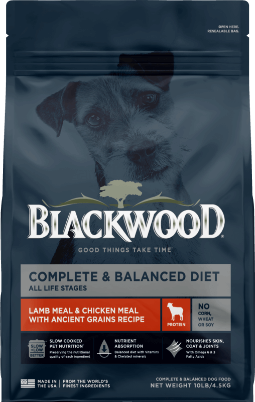 Blue Blackwood dog food bag with purple label stating it is a Lamb & Chicken Meal.