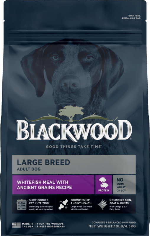 Blue Blackwood dog food bag with purple label stating it is a Salmon Meal.