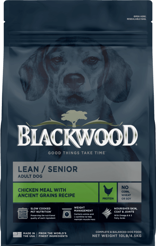 Blue Blackwood dog food bag with green label stating it is a Chicken with Beans Meal.
