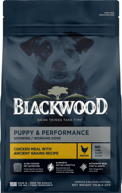 Blue Blackwood dog food bag with yellow label stating it is a Chicken Meal.