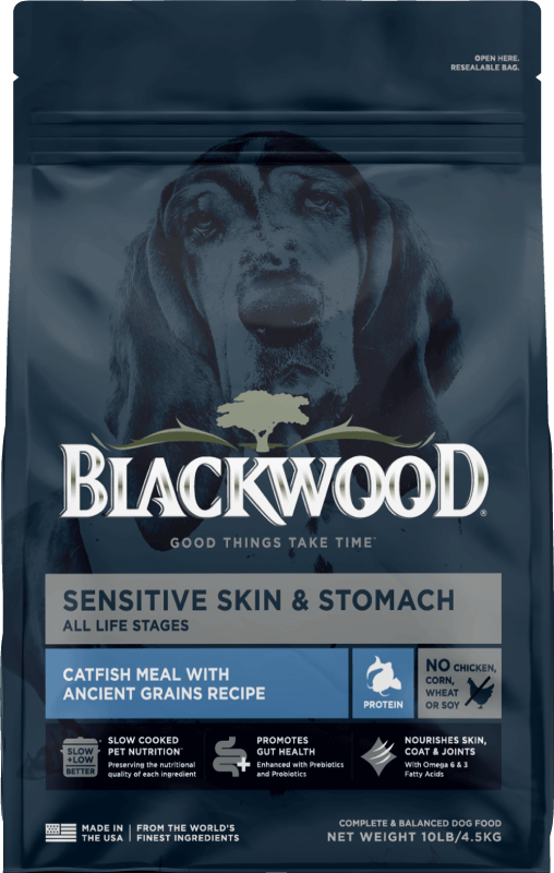 Blue Blackwood dog food bag with light blue label stating it is a Catfish Meal.