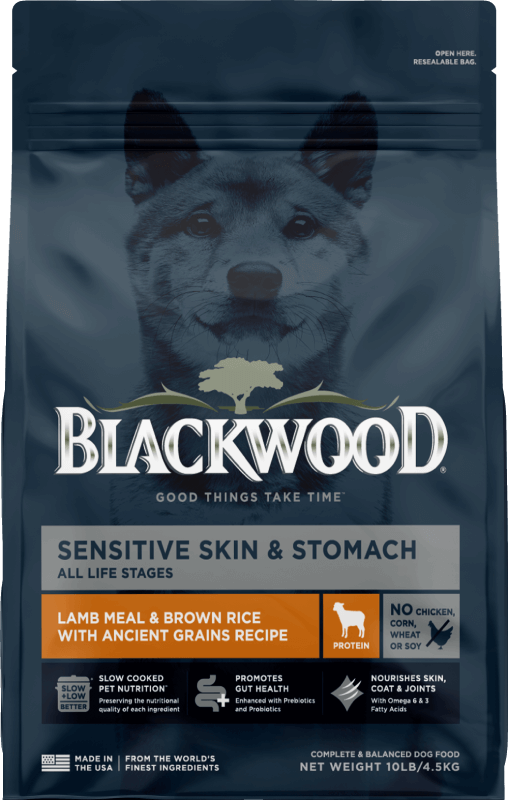 Blue Blackwood dog food bag with orange label stating it is a Lamb Meal & Brown Rice.