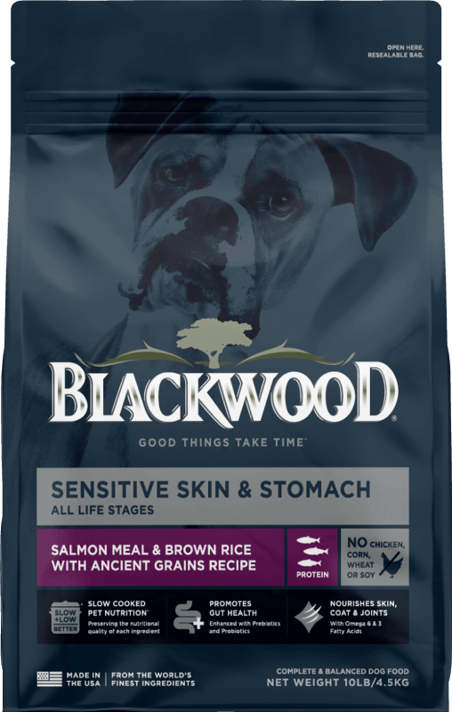 Blue Blackwood dog food bag with purple label stating it is a Whitefish Meal.