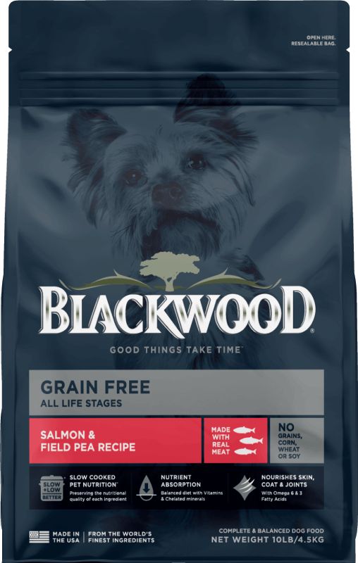 Blue Blackwood dog food bag with red label stating it is a Salmon Meal.