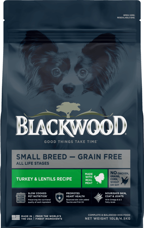 Blue Blackwood dog food bag with green label stating it is a Turkey Meal.